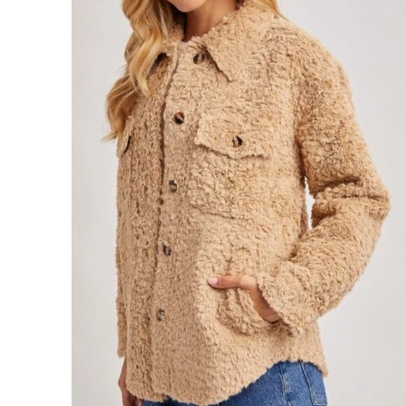 Boucle Button Front Woven Shacket Jacket Creamy Latte - Picture 3 of 11